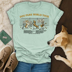 Dog Park World Tour t-shirt with cartoon dogs and text listing park activities.