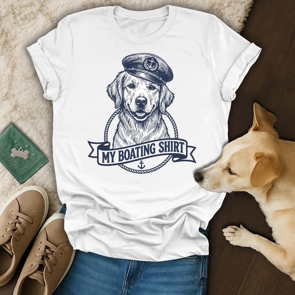 White t-shirt with a sketch of a golden retriever in a captain's hat, "My Boating Shirt" text.