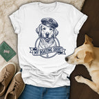 White t-shirt with a sketch of a golden retriever in a captain's hat, "My Boating Shirt" text.