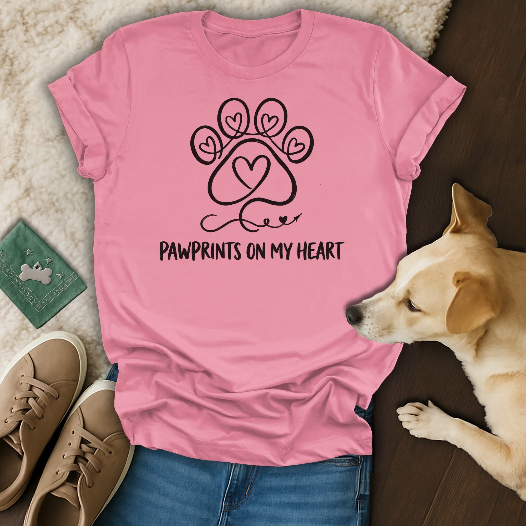 Pink t-shirt with "Pawprints on my Heart" and a paw print heart design.