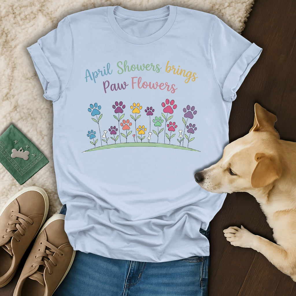 Light blue t-shirt with "April Showers brings Paw Flowers" text and colorful paw print flowers.