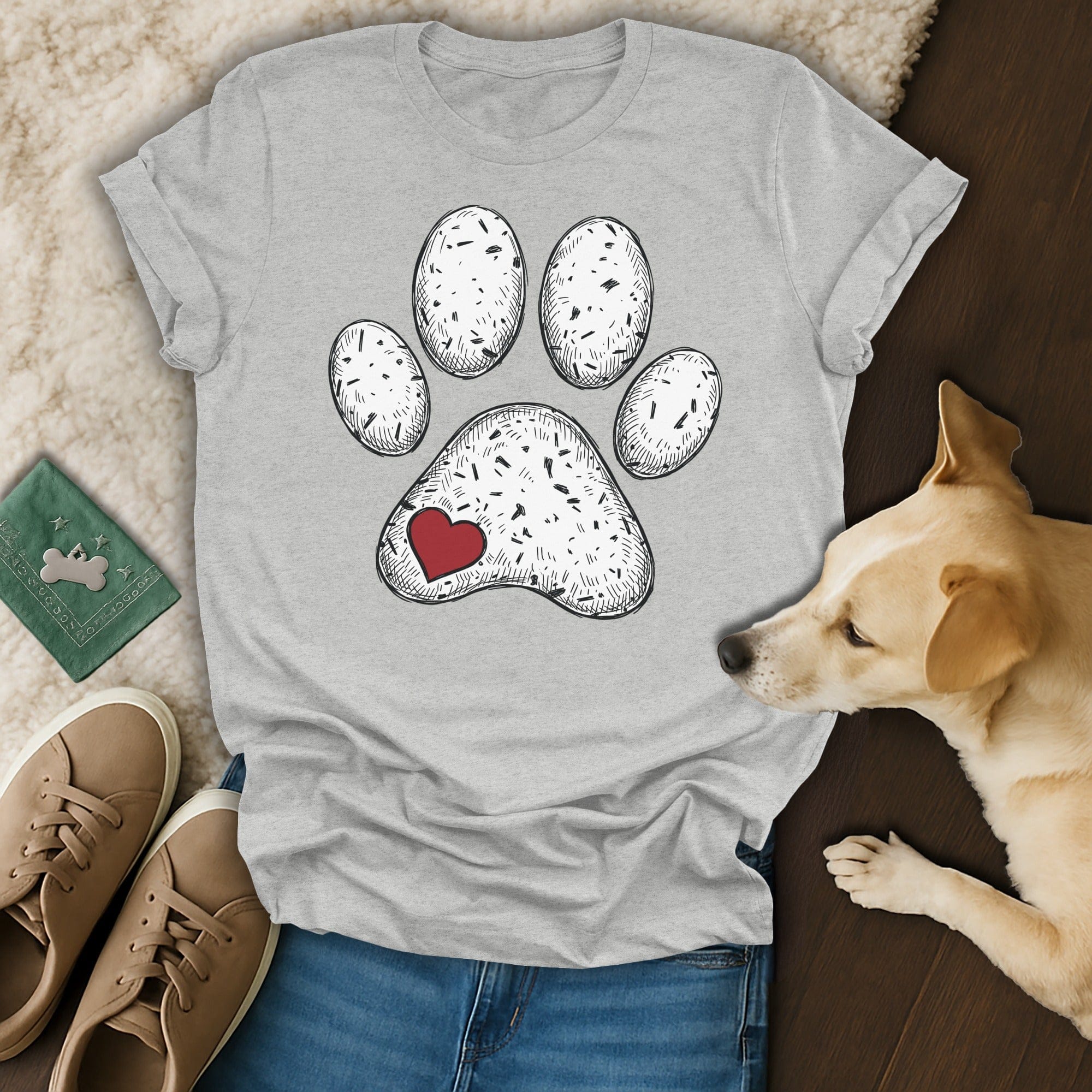 Grey shirt paw print red heart design product type