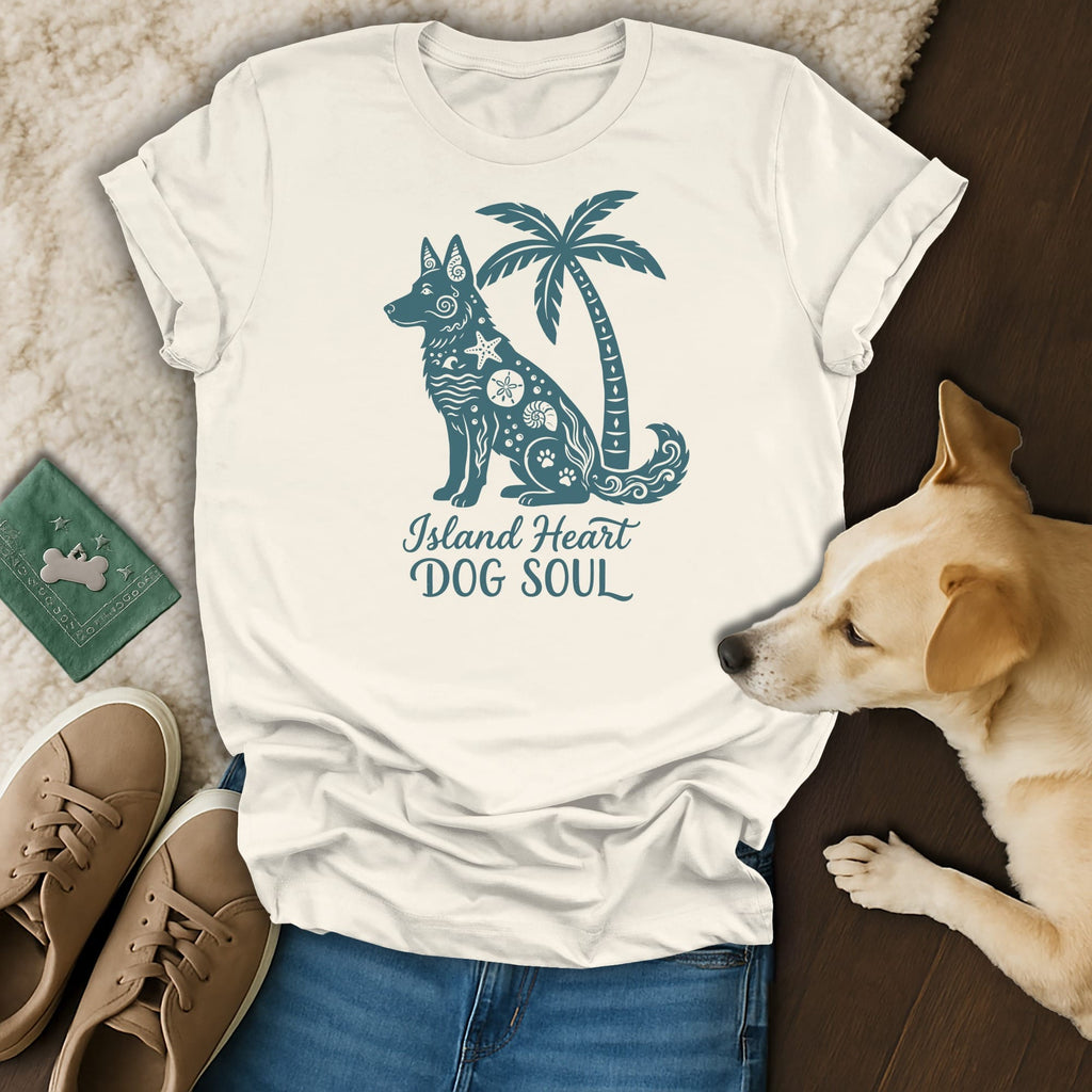 Cream t-shirt with a teal dog and palm tree design, reading "Island Heart DOG SOUL".