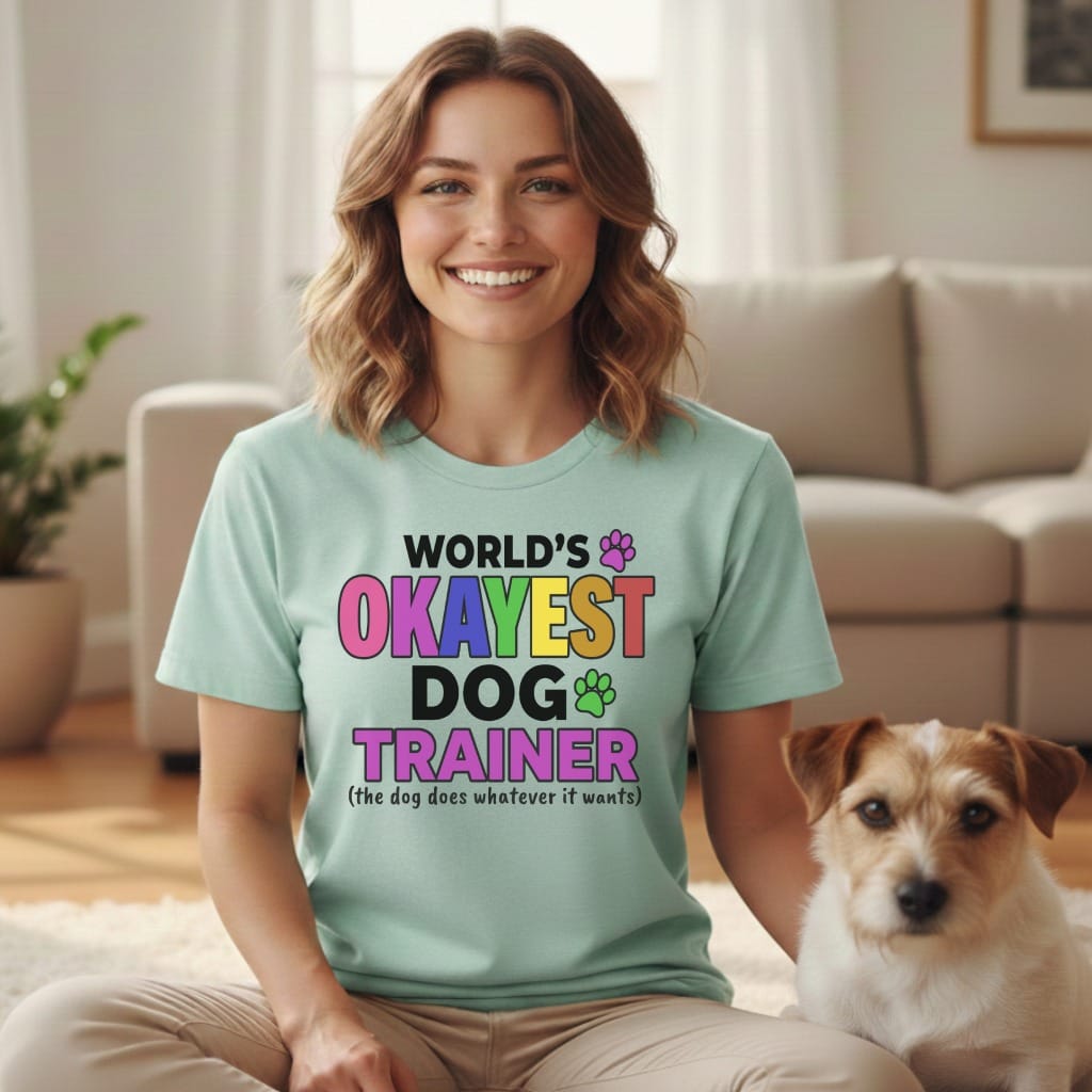 Woman wearing a light blue t-shirt with text "WORLD'S OKAYEST DOG TRAINER".