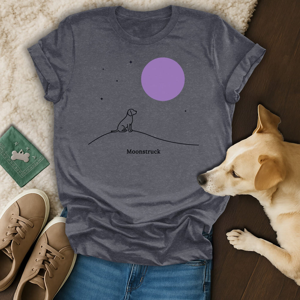 T-shirt with a line drawing of a dog sitting under a purple moon.