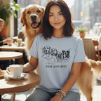 Light blue t-shirt with line drawing of four dogs and "FOUR GOOD BOYS" text.