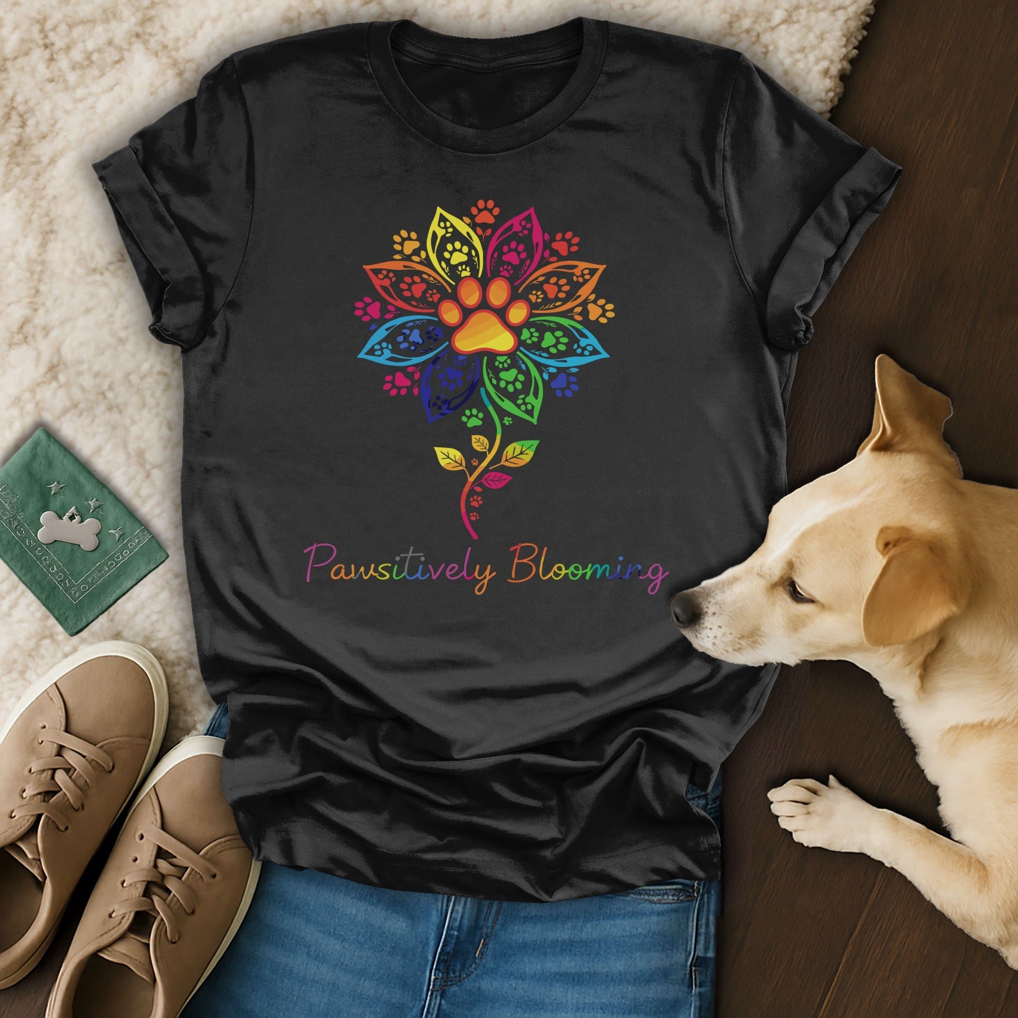 Pawsitively Blooming Rainbow Paw Print Graphic Shirt