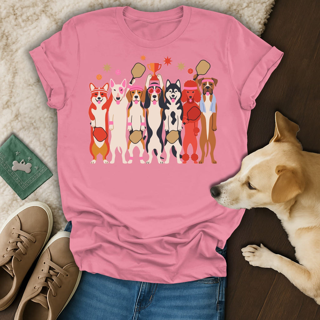 Pink t-shirt with cartoon dogs playing pickleball and holding a trophy.