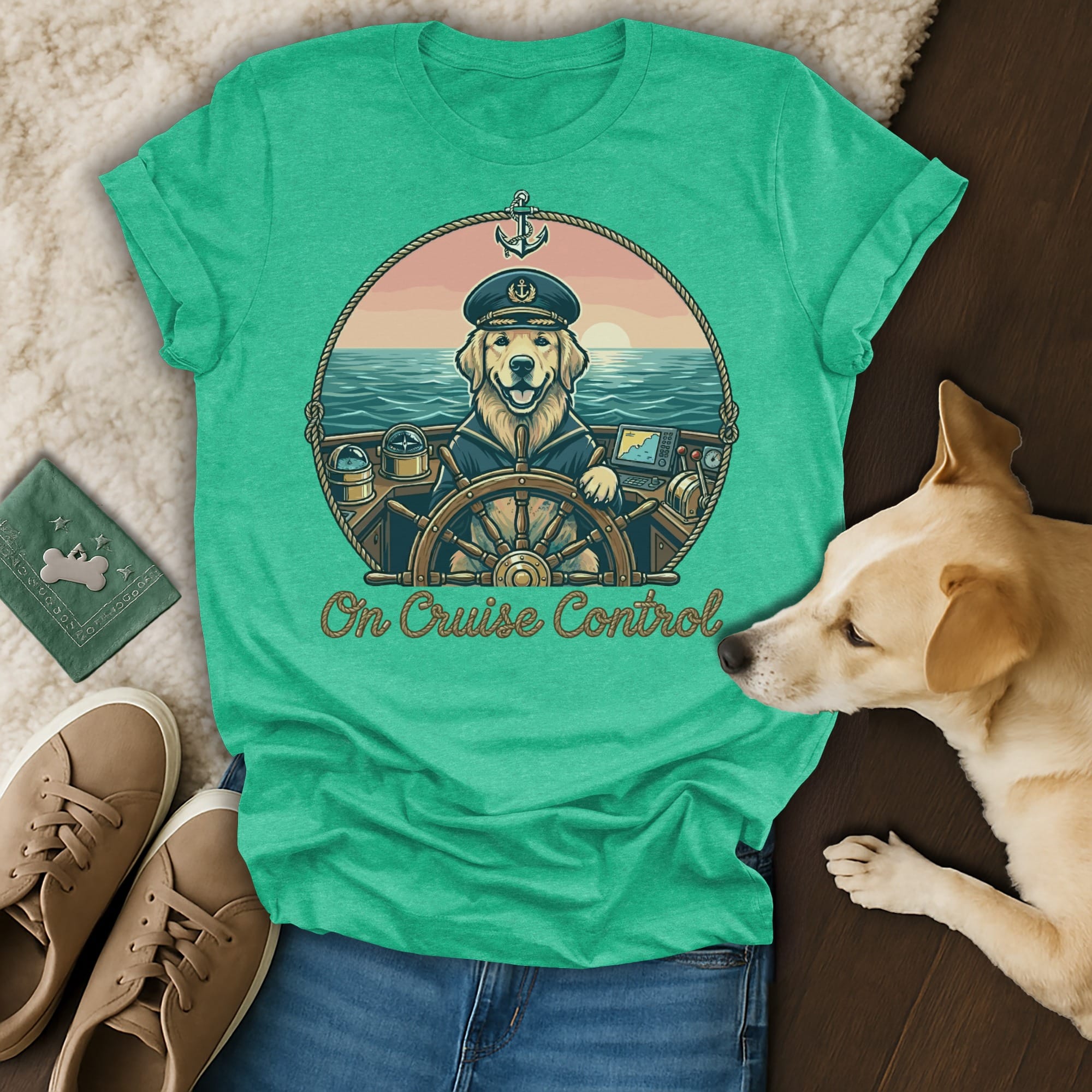 Golden retriever captain in a circle with "On Cruise Control" text.