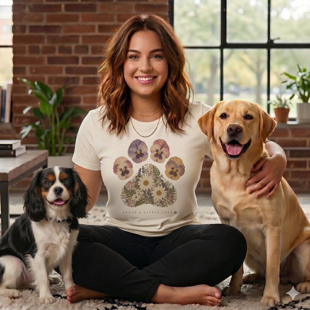 A smiling woman in a t-shirt with a floral paw print sits cross-legged between two dogs.