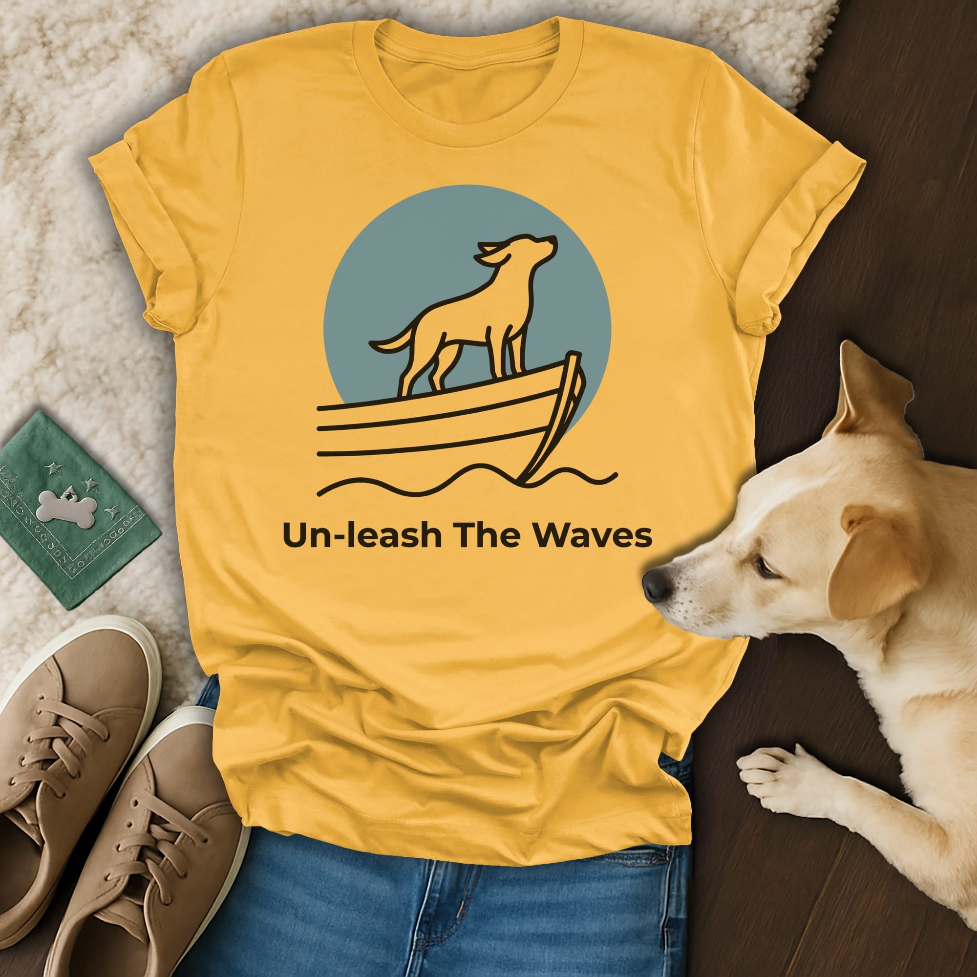Yellow t-shirt with dog in boat graphic and "Un-leash The Waves" text.