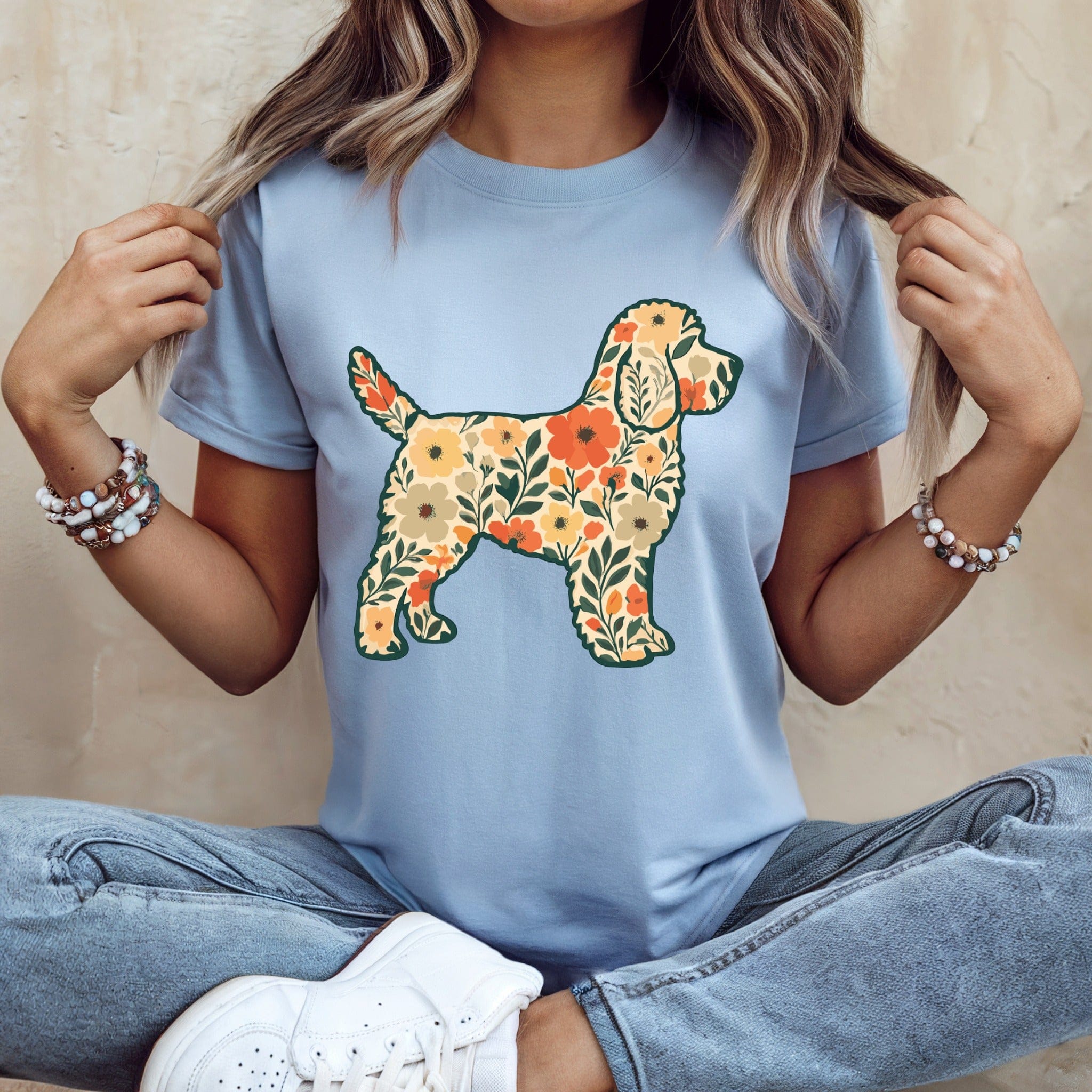 Floral Dog Print Blue Shirt Casual Graphic Tee