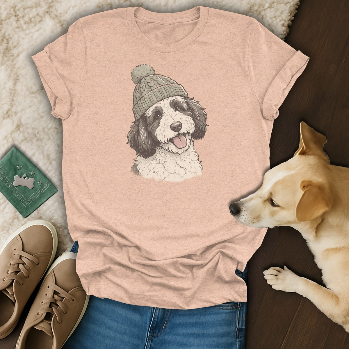 Peach t-shirt with illustration of black and white dog wearing a knitted hat.