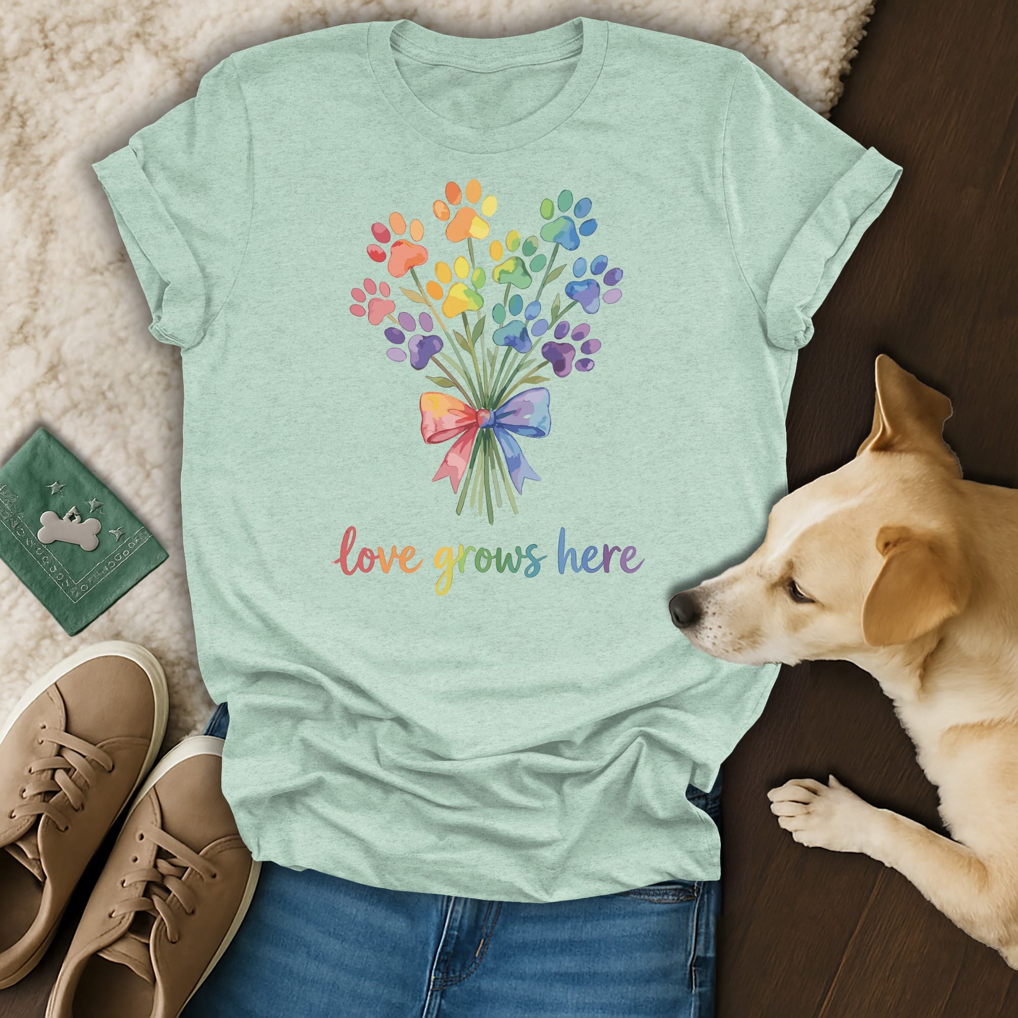 Light green t-shirt with colorful paw print bouquet and "love grows here" text.