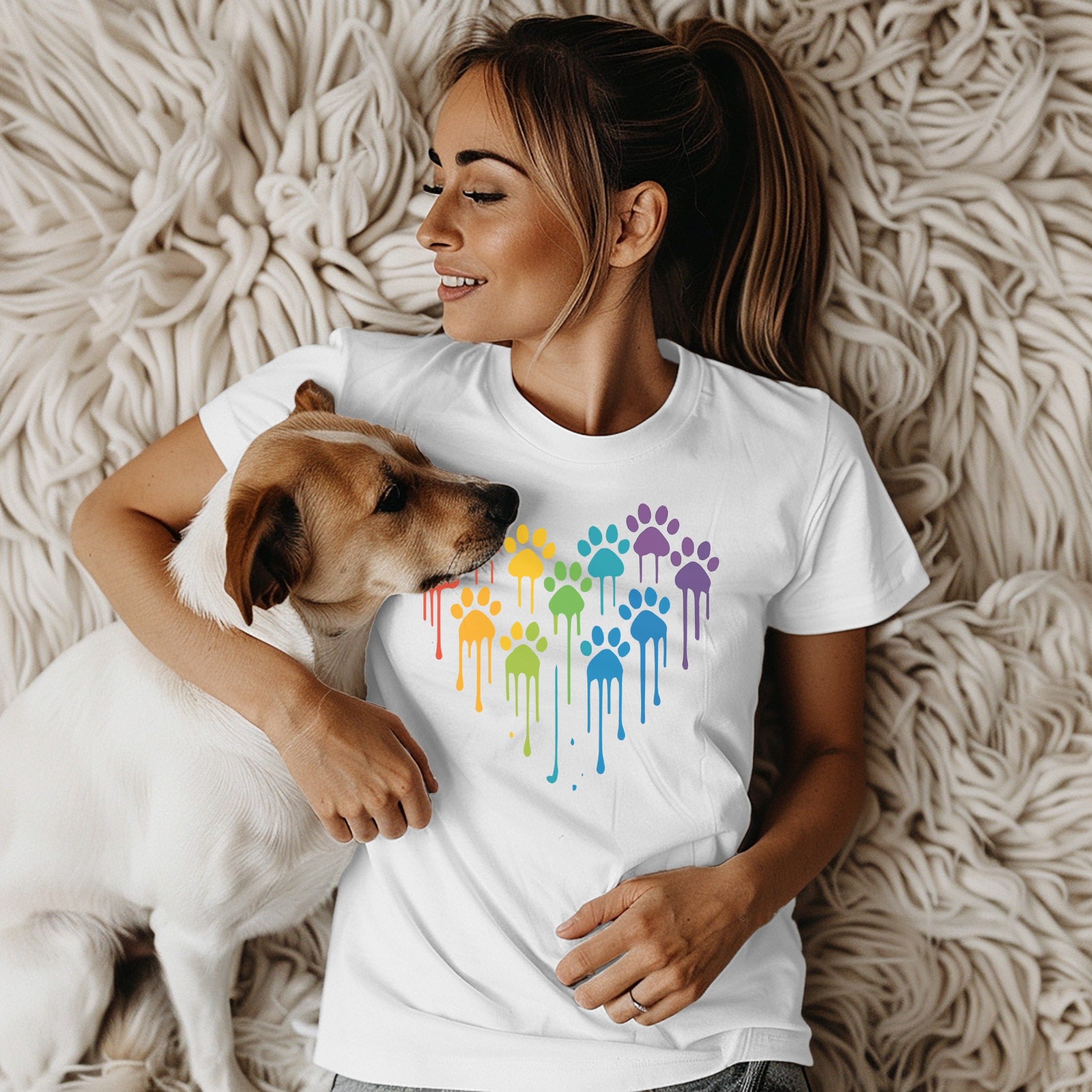 Colorful Dripping Paws Heart Design T-Shirt
