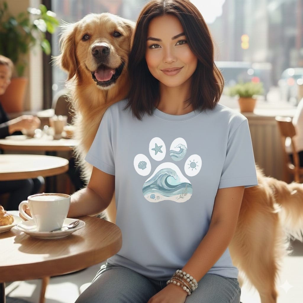 Light blue t-shirt with a white paw print graphic featuring ocean waves, starfish, and shells.