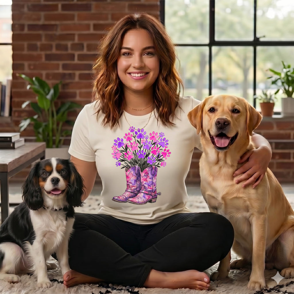 Woman sitting with two dogs, wearing a shirt with floral boots design.
