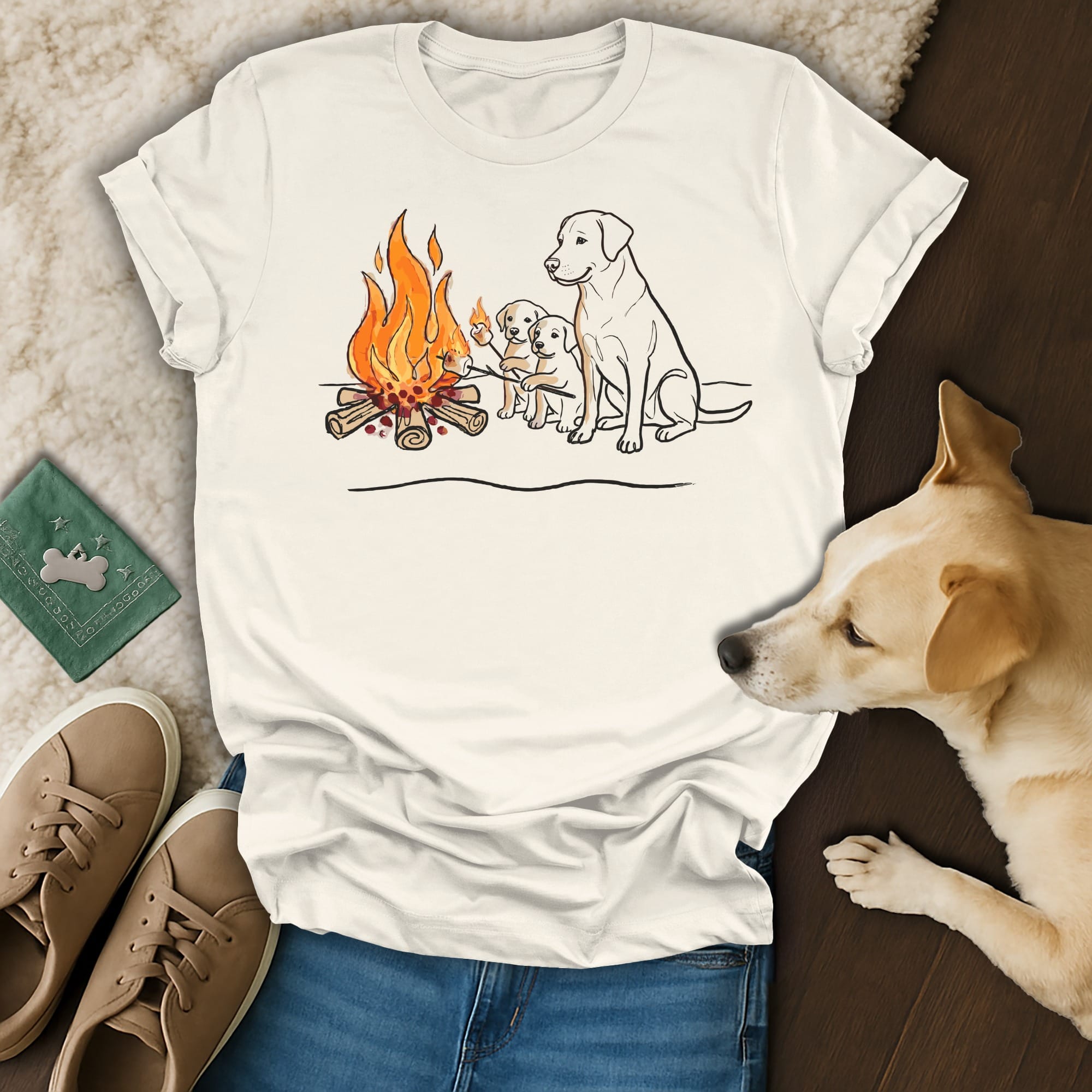 Labrador dogs by a campfire, sketched on a white t-shirt.