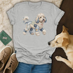 Light grey t-shirt featuring a watercolor dog illustration with a patchwork denim design.
