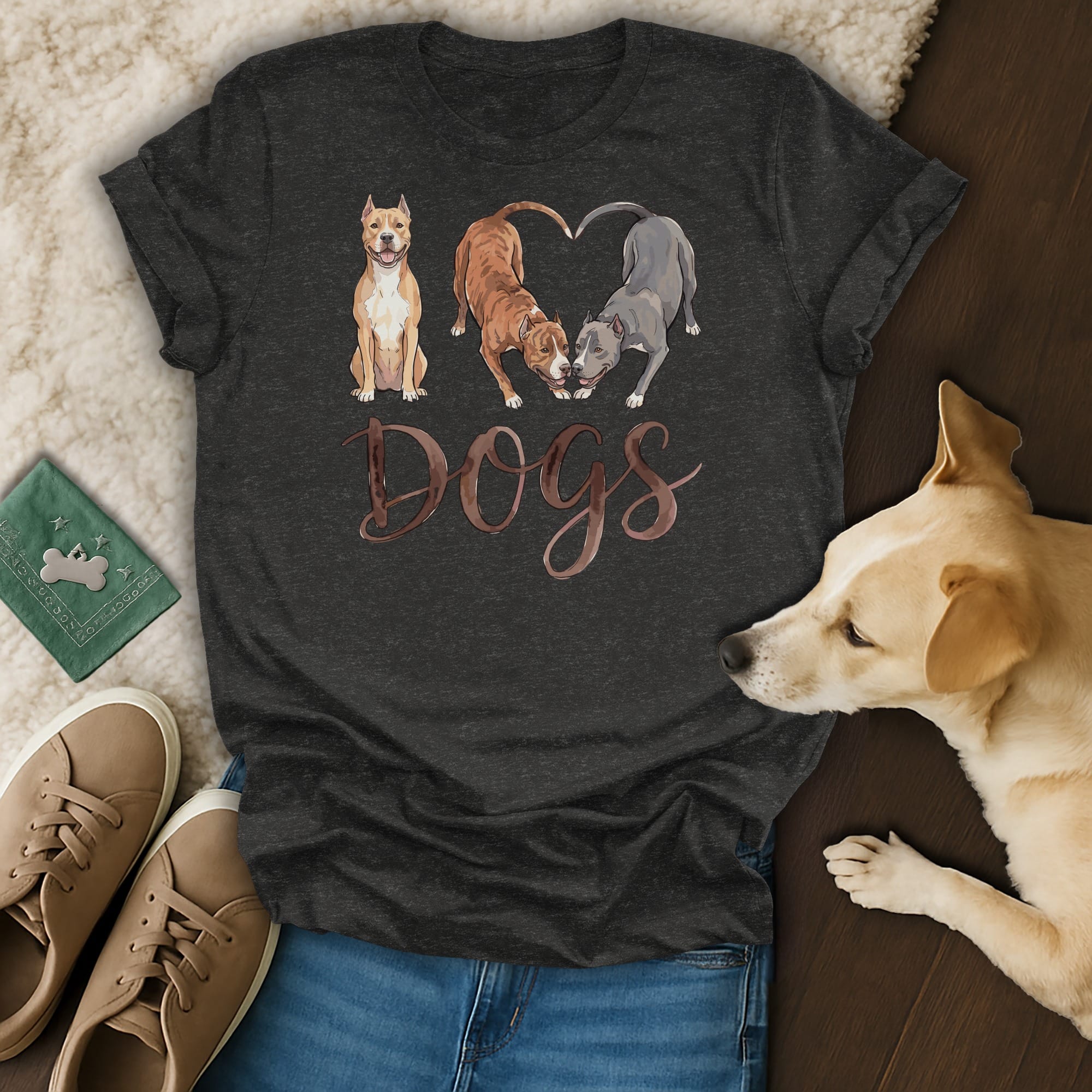 Dark gray t-shirt with three pit bulls and the word "Dogs" in watercolor style.