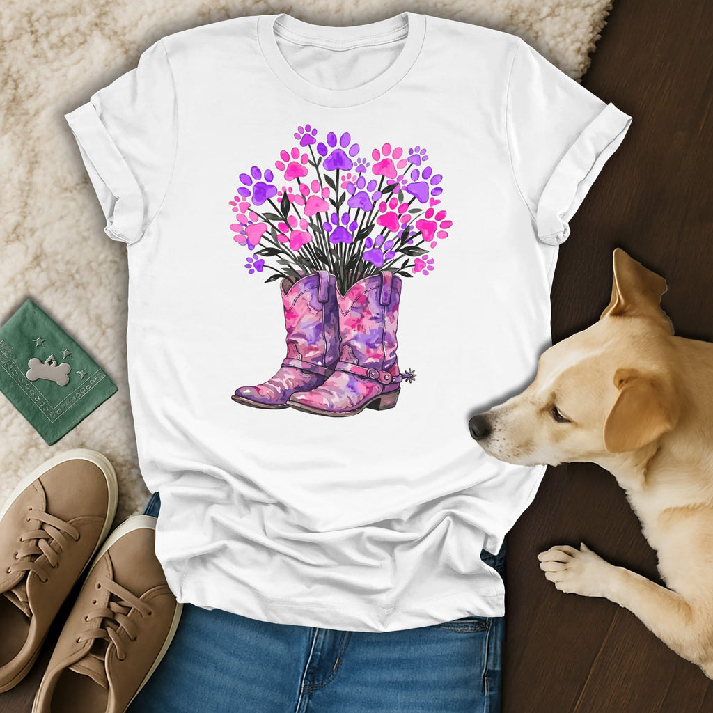 White t-shirt with watercolor boots and paw print flowers.