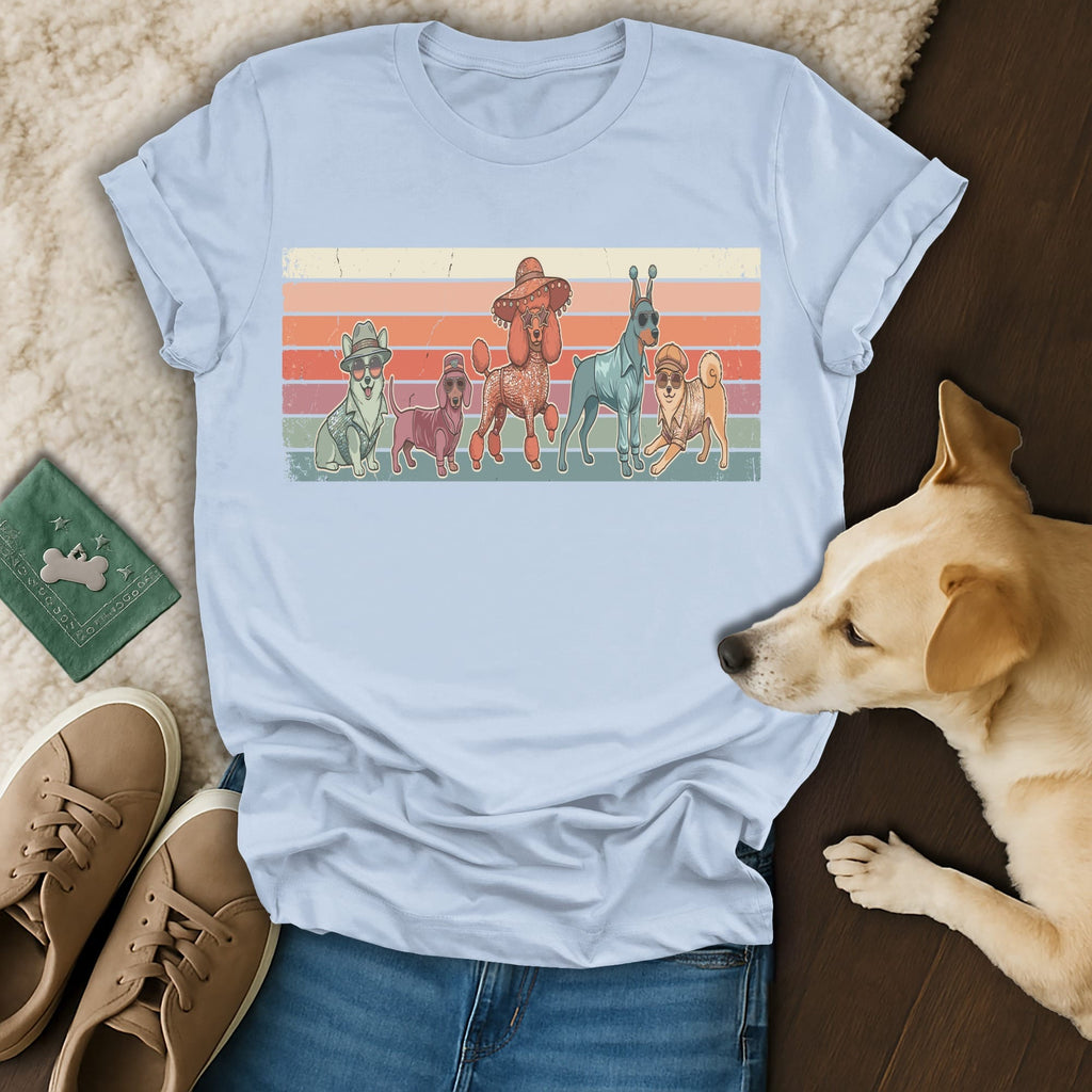 T-shirt graphic featuring five stylized dogs wearing sunglasses and hats.