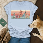 T-shirt graphic featuring five stylized dogs wearing sunglasses and hats.