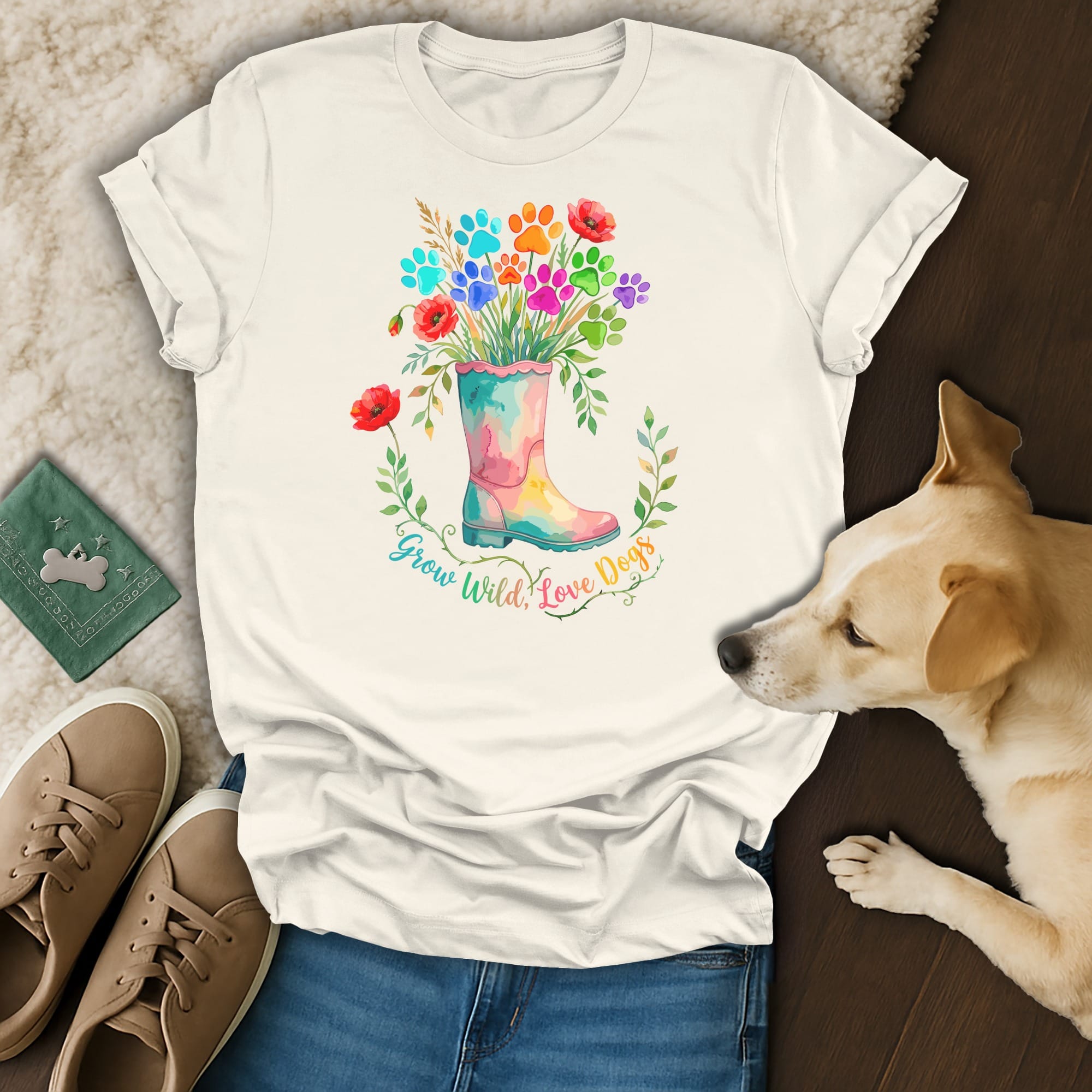 Cream t-shirt with watercolor design of a boot filled with colorful paw prints and flowers.
