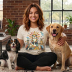 Woman with two dogs wearing yoga-themed t-shirt.