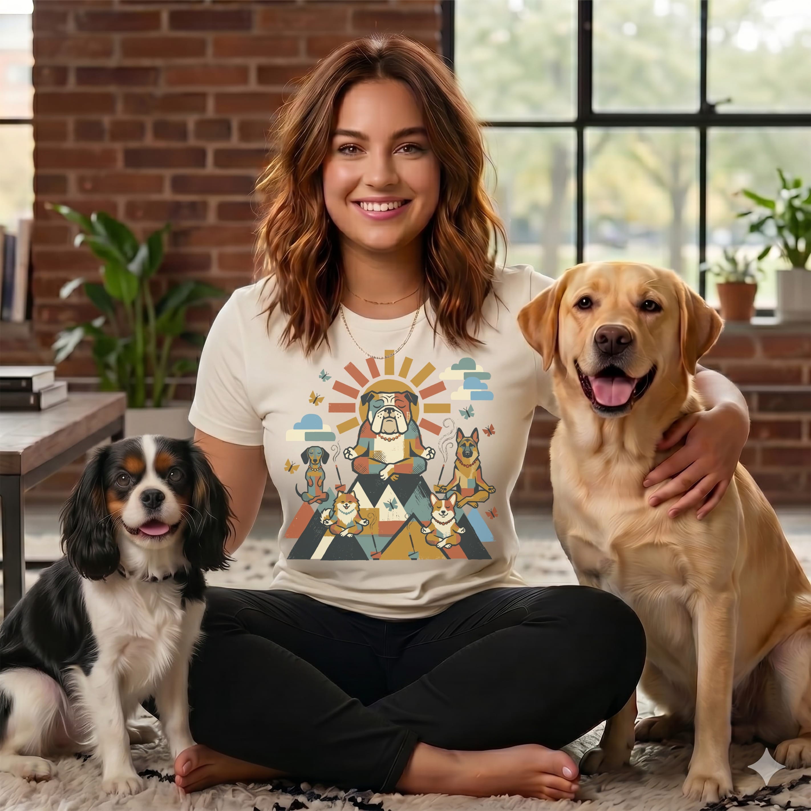 Woman with two dogs wearing yoga-themed t-shirt.