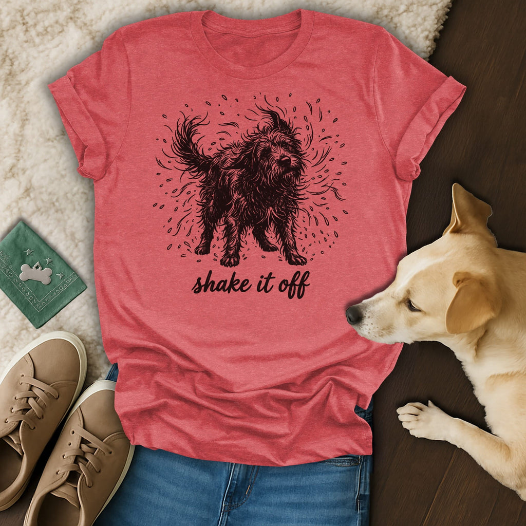 Coral t-shirt with graphic of a shaggy dog and text "shake it off".