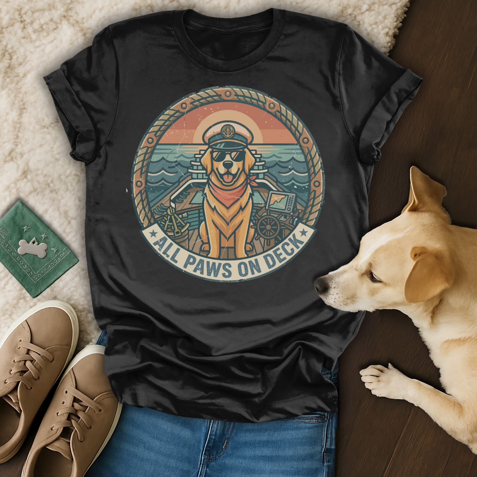 Black t-shirt with a golden retriever captain on a ship, "All Paws On Deck" text.