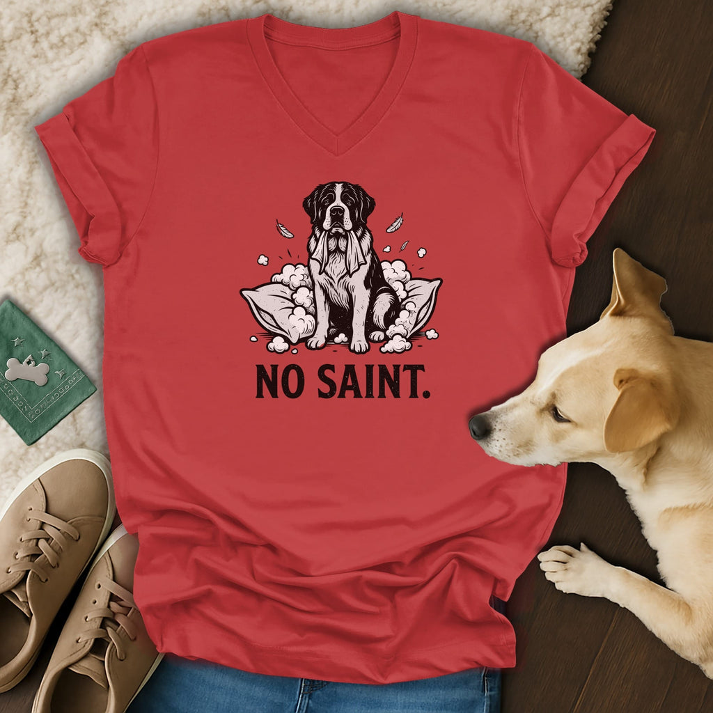 Red v-neck t-shirt with a St. Bernard dog graphic and text "NO SAINT."