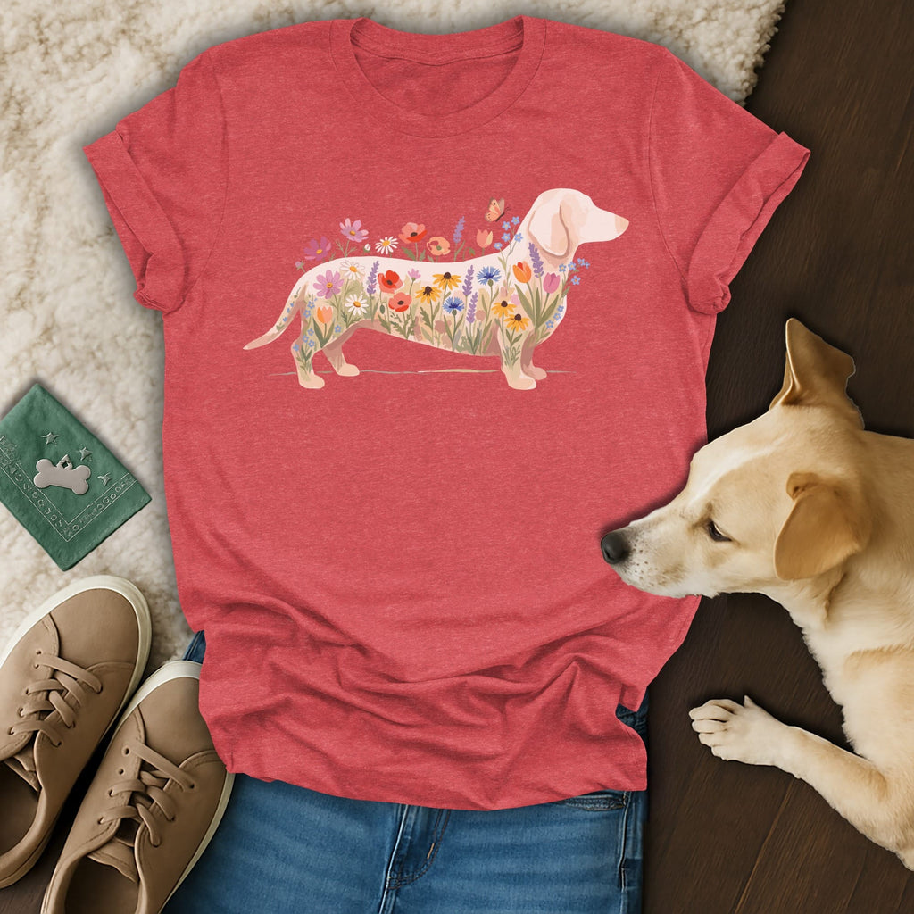 Red t-shirt with a dachshund silhouette filled with colorful flowers.