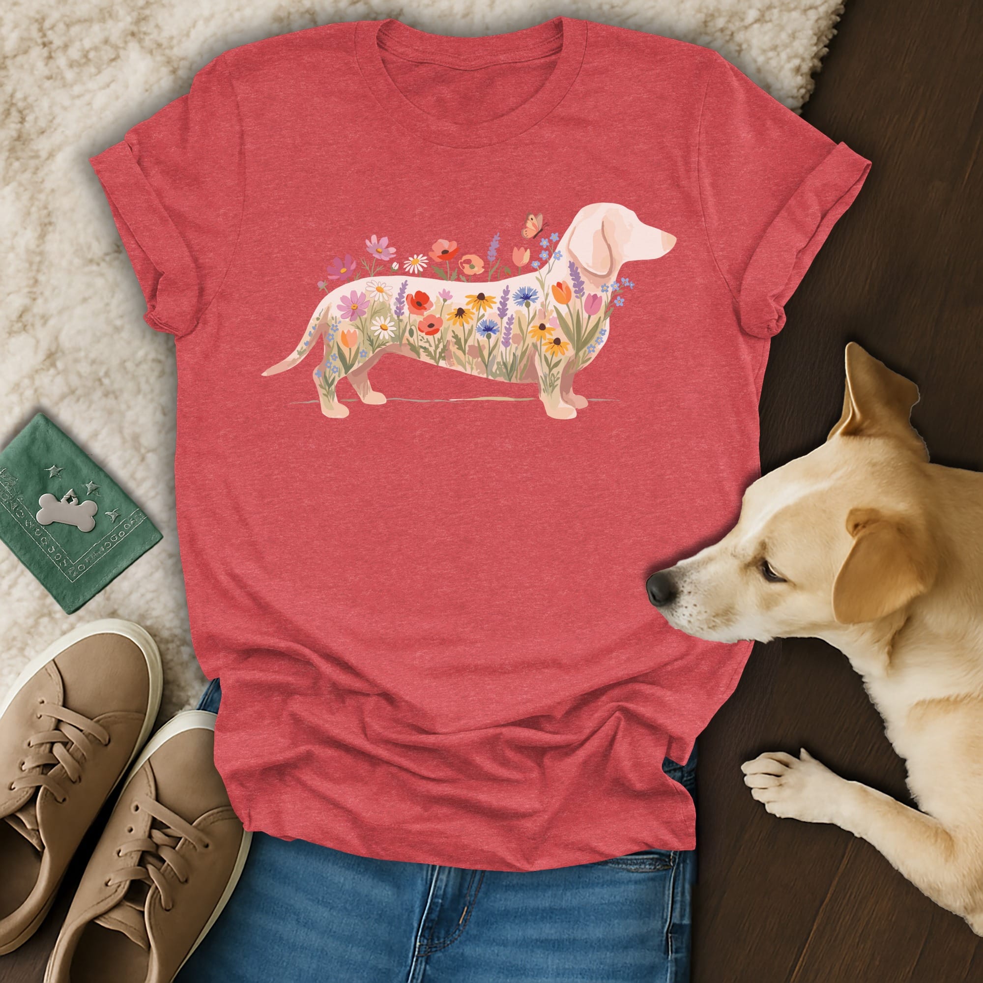 Red t-shirt with a dachshund silhouette filled with colorful flowers.