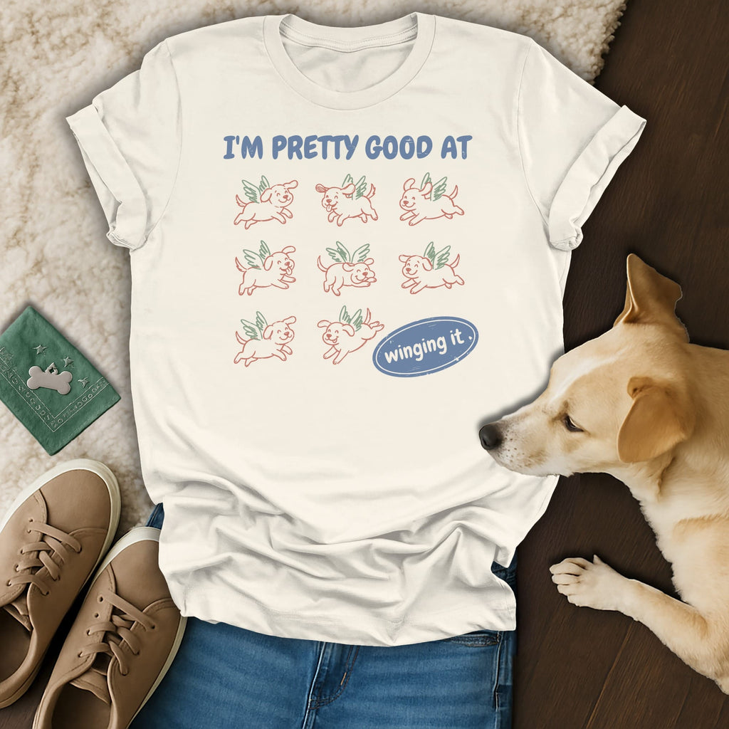 Cream t-shirt with text "I'M PRETTY GOOD AT" and flying dogs with wings.