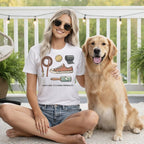 Woman wearing t-shirt with dog-themed graphic text "I have a dog. It's a whole personality."