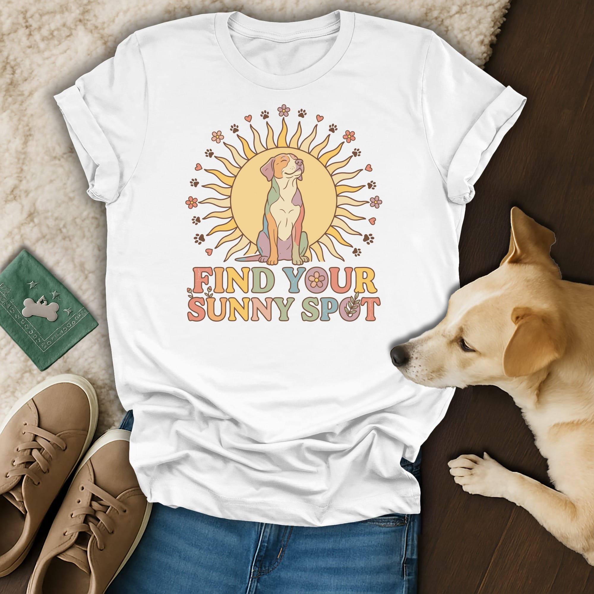 White t-shirt with a dog in a sun graphic and the text "FIND YOUR SUNNY SPOT".