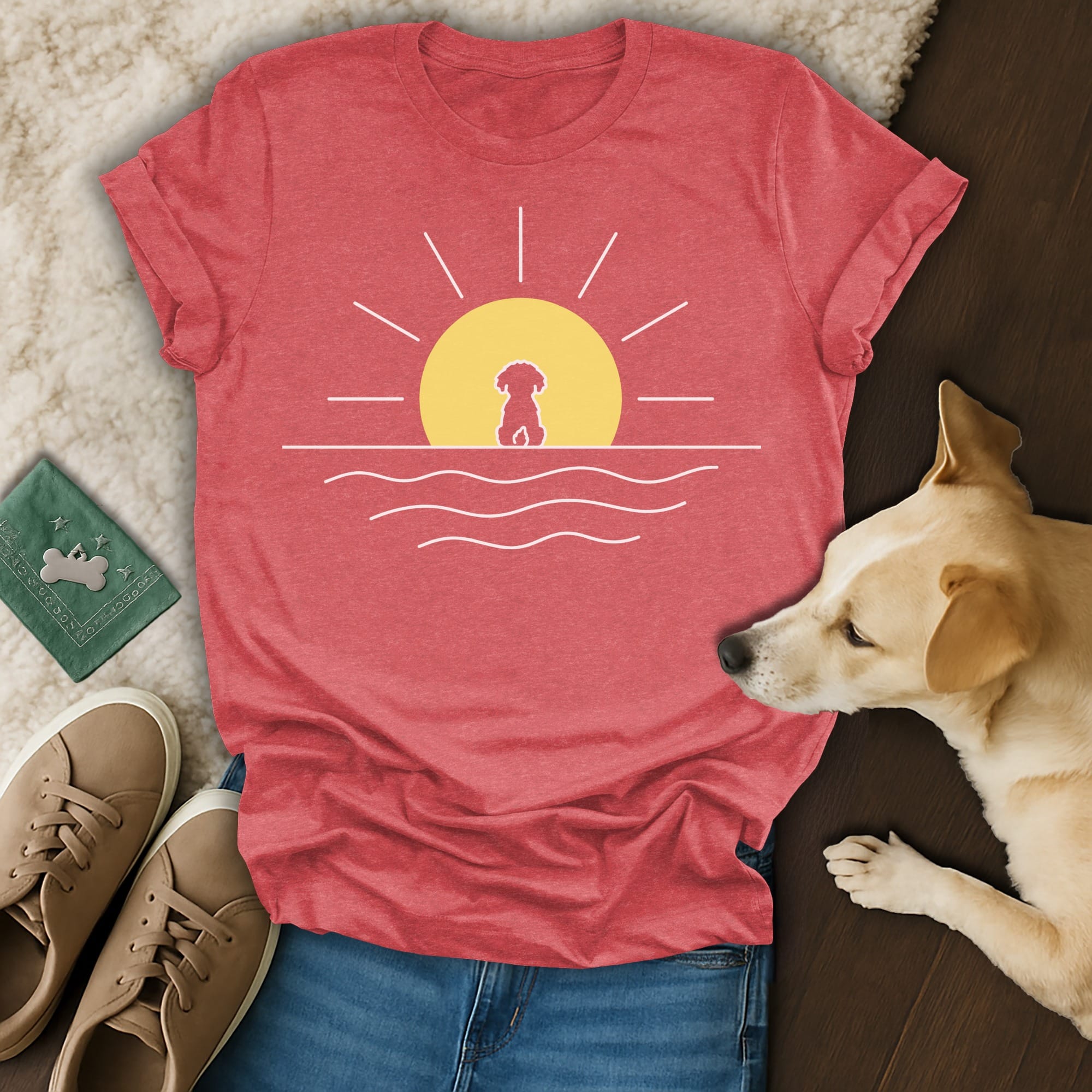 Red t-shirt with a minimalist sun and dog graphic over water.
