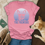 Pink t-shirt with sunglasses-wearing French Bulldog graphic and "THE FRENCHIE" text.