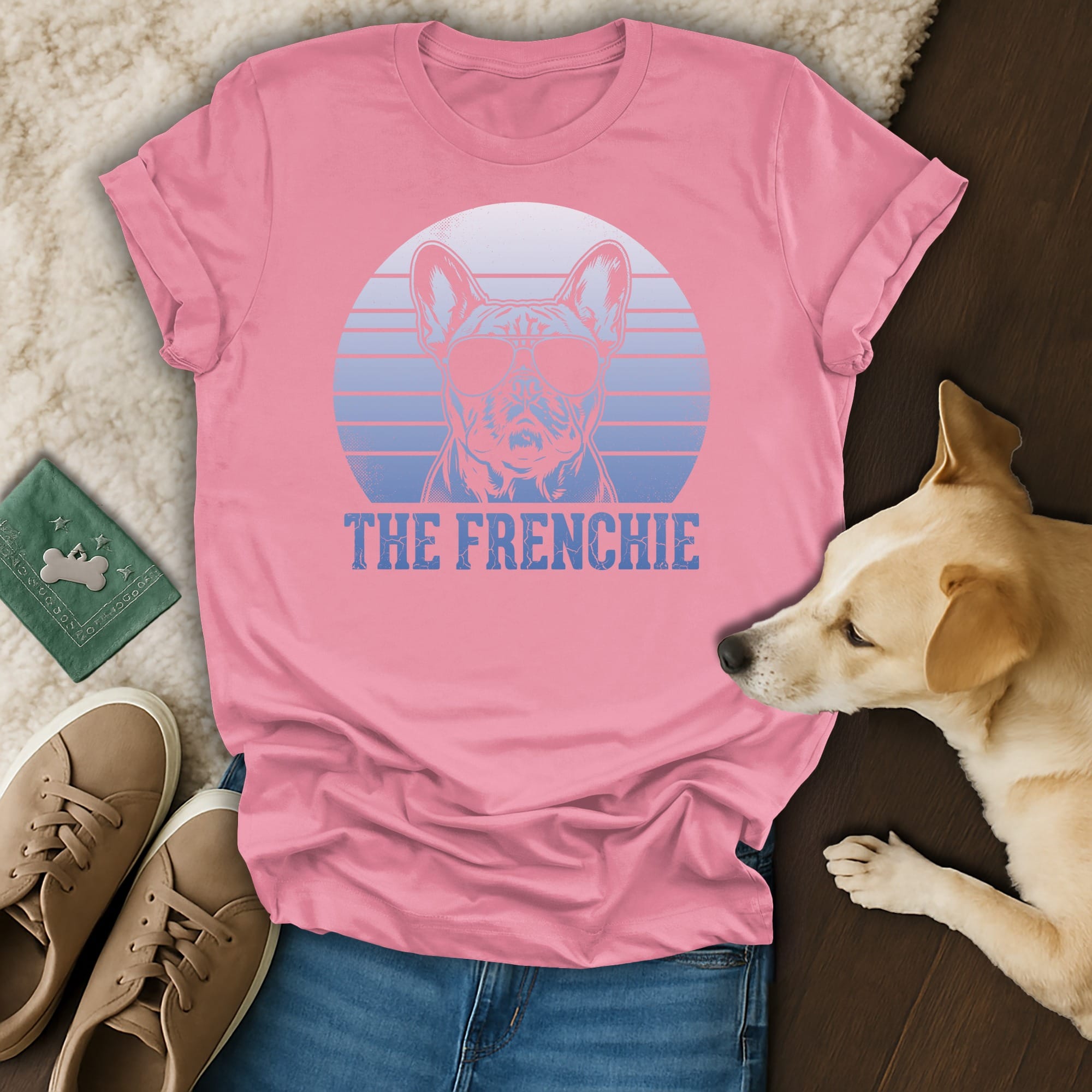 Pink t-shirt with sunglasses-wearing French Bulldog graphic and "THE FRENCHIE" text.