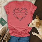 Red t-shirt with heart-shaped paw print design and text.