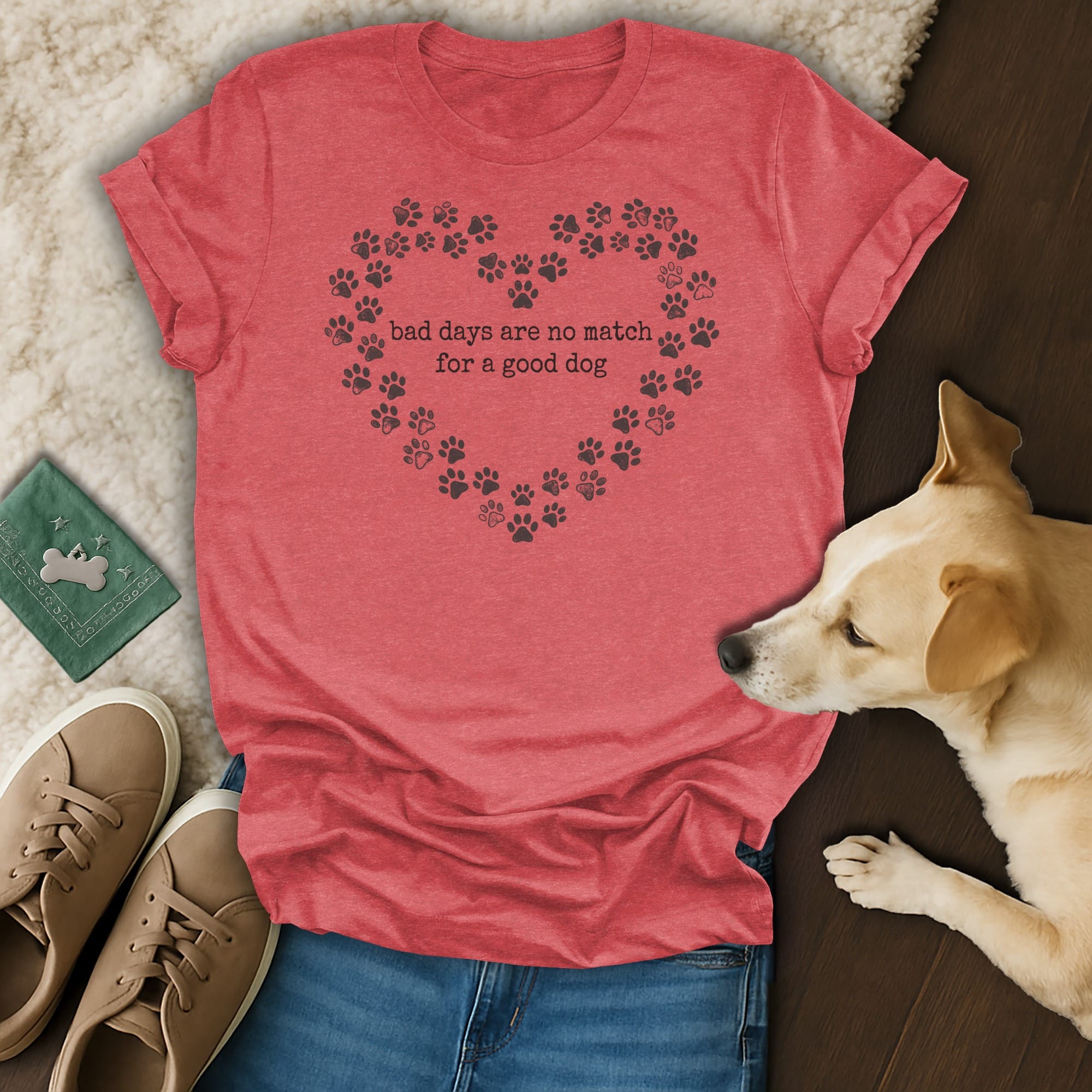 Red t-shirt with heart-shaped paw print design and text.