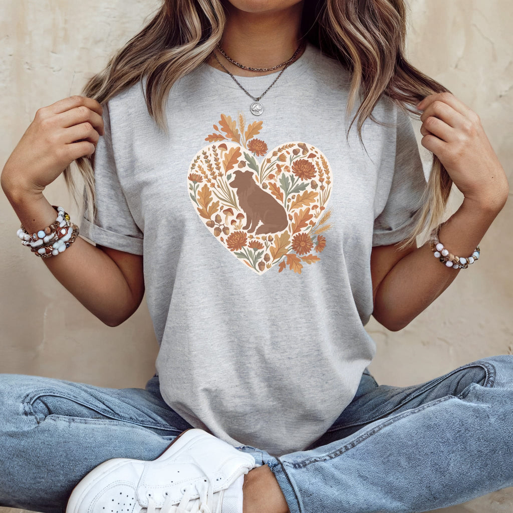 Gray t-shirt with a heart graphic of a brown dog and fall foliage.