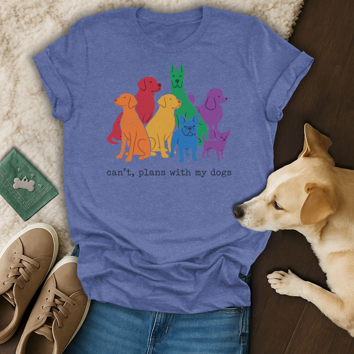 Blue t-shirt with rainbow dogs graphic and text "can't, plans with my dogs".
