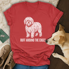 Red t-shirt with distressed white shaggy dog graphic and text "Ruff Around The Edges".
