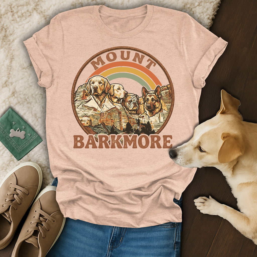 T-shirt with "Mount Barkmore" text and dog illustrations under a rainbow.
