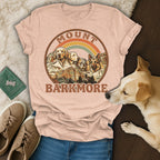 T-shirt with "Mount Barkmore" text and dog illustrations under a rainbow.