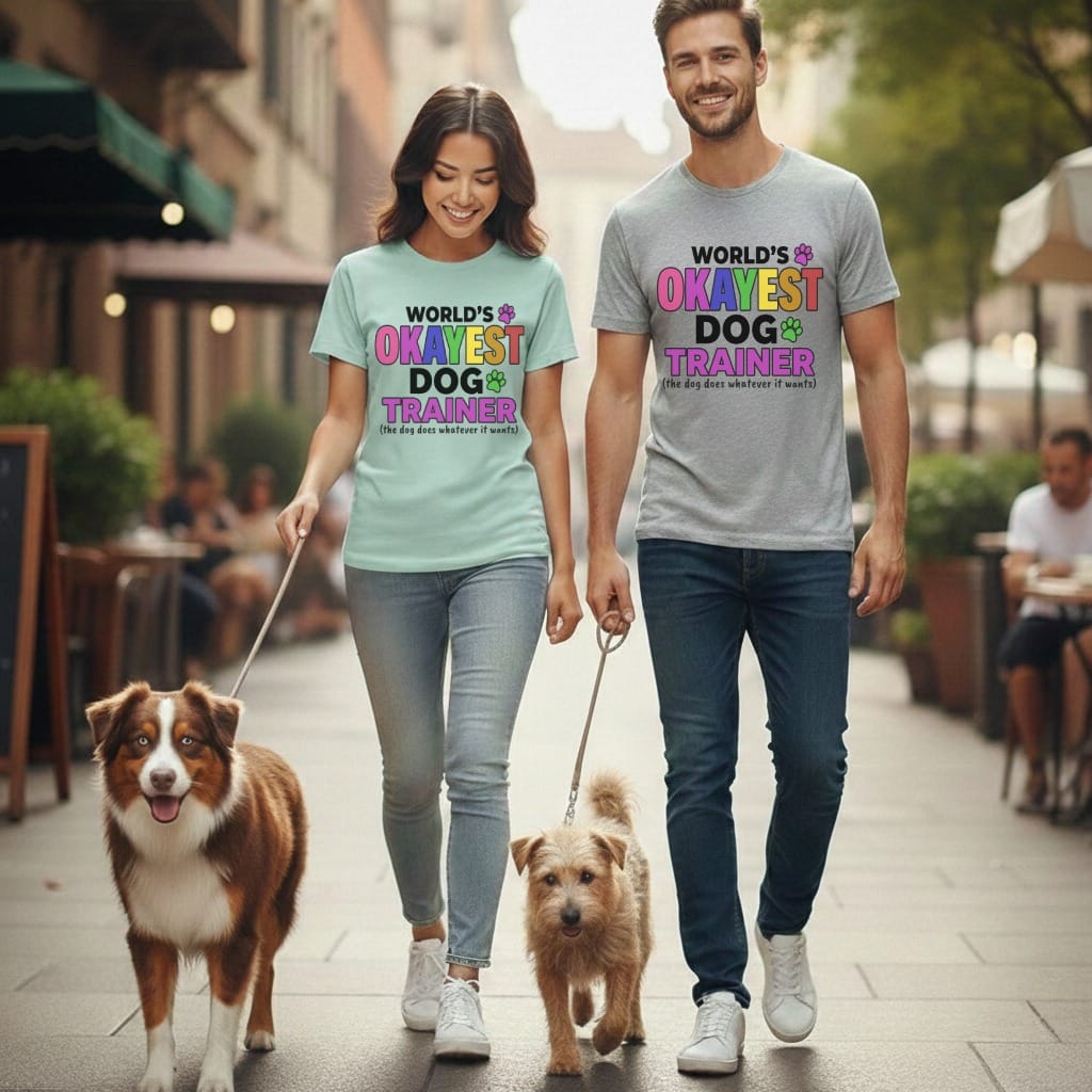 Couple with two dogs wearing "World's Okayest Dog Trainer" t-shirts.
