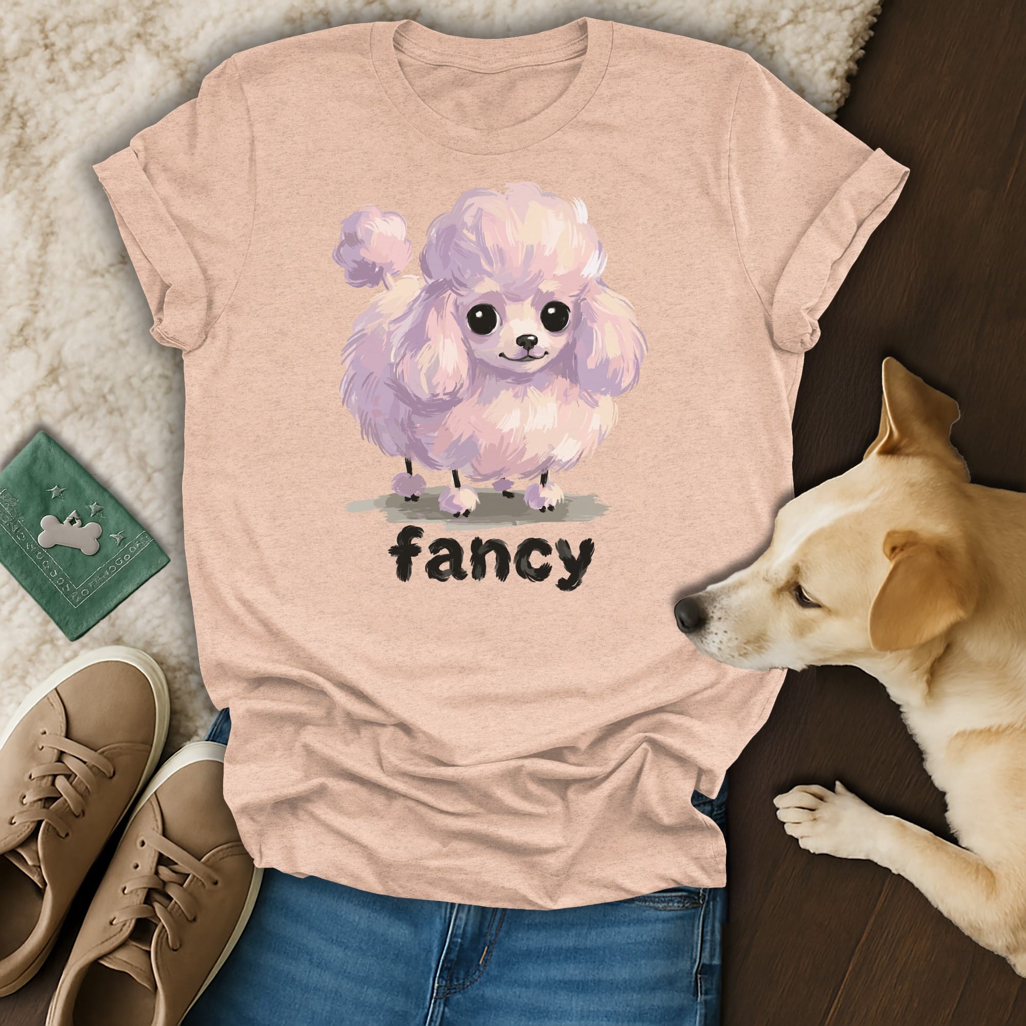 Pink poodle graphic on a light pink t-shirt, with "fancy" text.